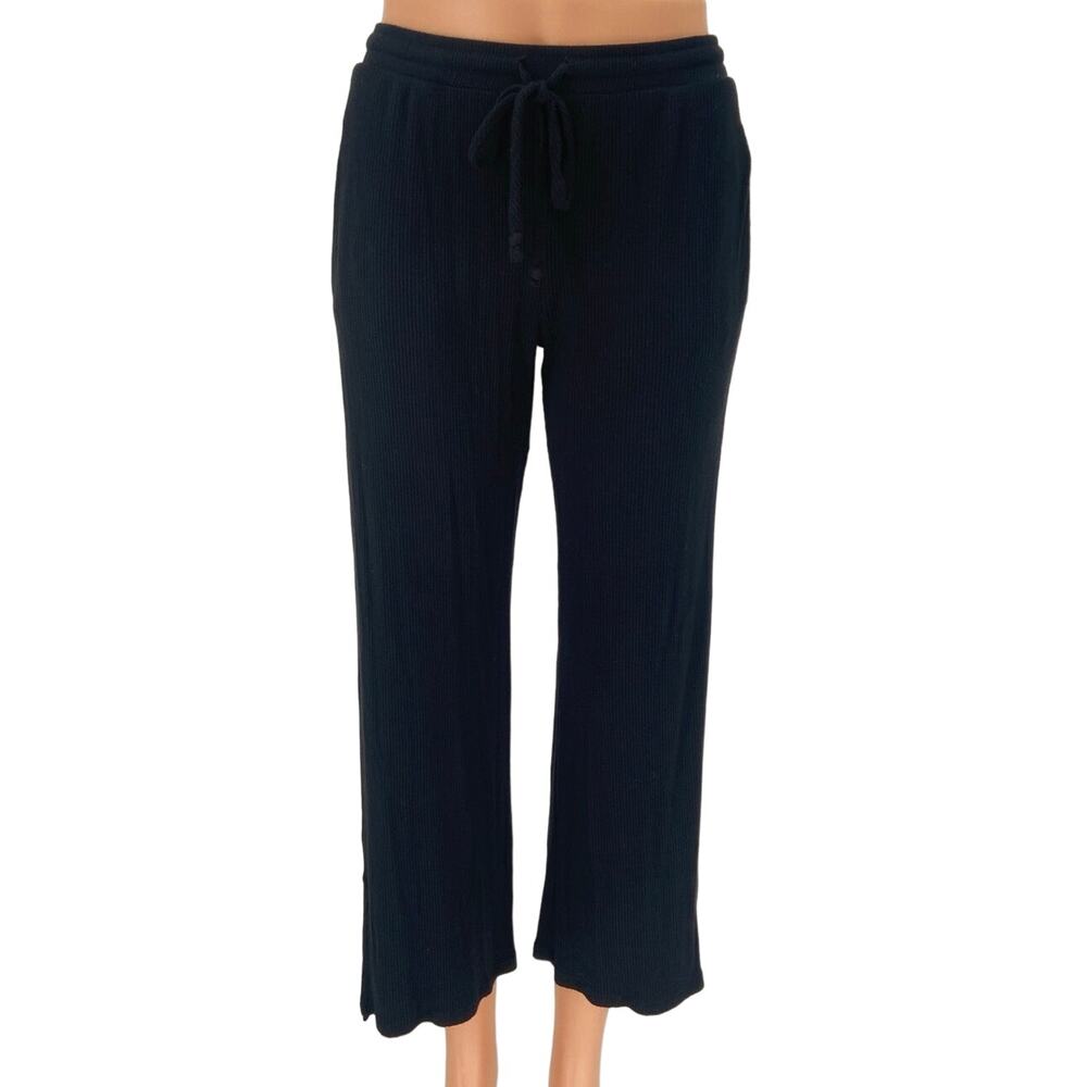 Aqua Black Ribbed Mid Rise Drawstring Cropped Relaxed Lounge Sweat Pants Size S